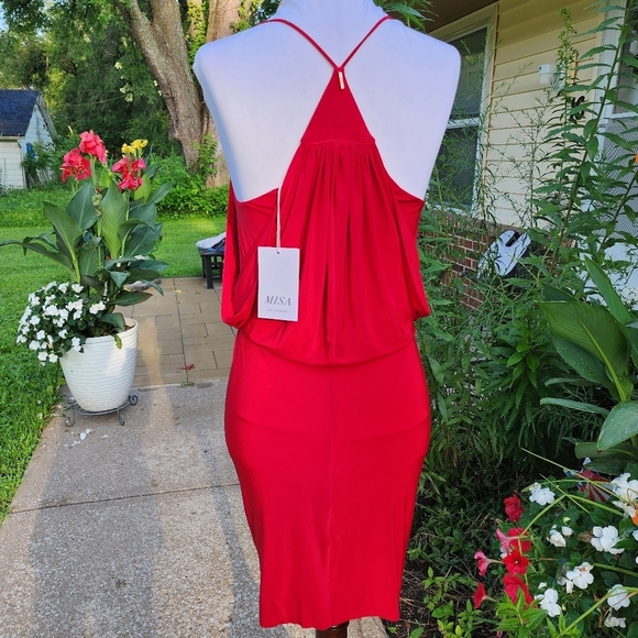NEW Misa Los Angeles Domino Mini Dress Twisted Knot V Neckline All-Red Luxury - Picture 9 of 15